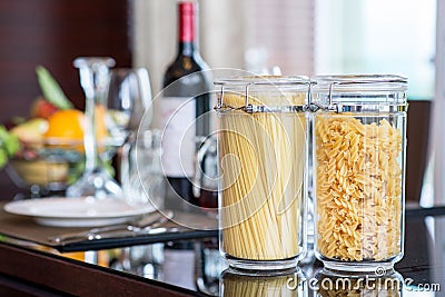 Italian Fusilli or Rotini helix shaped Macaroni Pasta and spagh Stock Photo