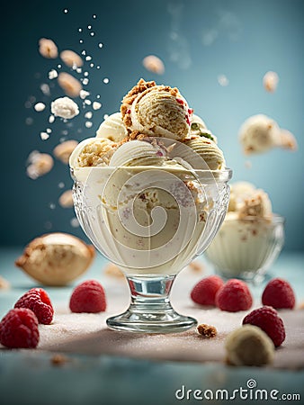 Italian gelato, floating delicious and refreshing dessert made with roasted pistachios, milk, sugar, and cream Stock Photo