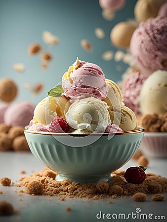 Italian gelato, floating delicious and refreshing dessert made with roasted pistachios, milk, sugar, and cream Stock Photo