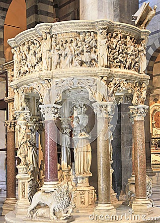 Italian gothic Pulpit by Giovanni Pisano in Pisa Cathedral Editorial Stock Photo