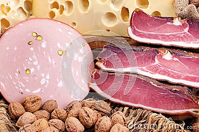 Italian ham, mortadella, Swiss cheese and walnuts Stock Photo