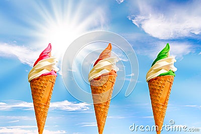 3 italian icecreams, sun and blue sky Stock Photo