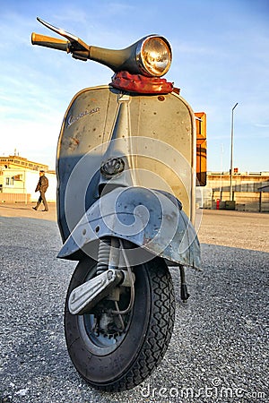 Italian iconic vintage Vespa scooter parked handlebars close up Editorial Stock Photo