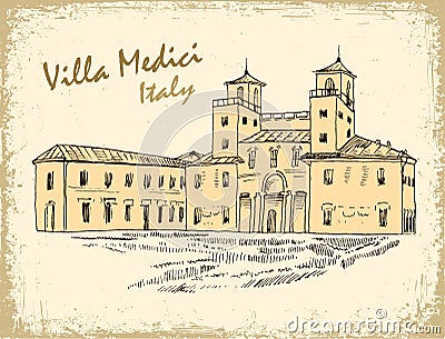 Italian landmark Villa Medici ink sketch Vector Illustration