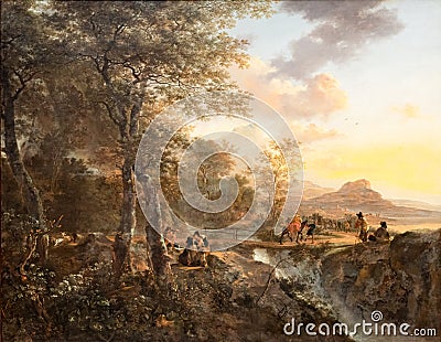 Italian landscape with draftsman, painting by Jan Both Editorial Stock Photo