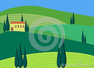 Italian landscape with green fields, house and pine trees. Vector illustration. Vector Illustration