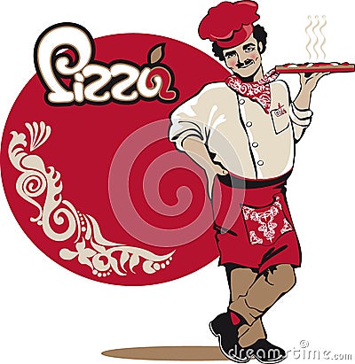 Italian man chef serves pizza Vector Illustration