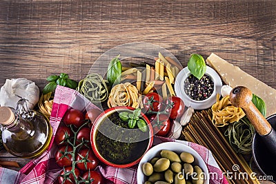 Italian and Mediterranean food ingredients on old wooden background. Stock Photo