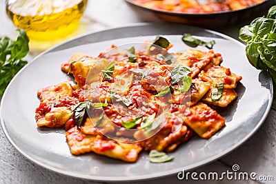 Italian or mediterranean food pasta ravioli of tomato sauce. Stock Photo