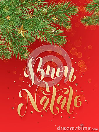 Italian Merry Christmas Buon Natale background decoration stars, balls, branches Stock Photo