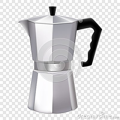 Italian metallic coffee maker isolated on white. Mocha coffee pot for making espresso coffee. Geyser coffee maker, Retro espresso Vector Illustration