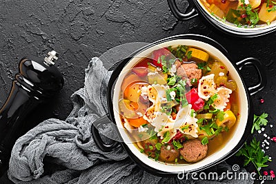 Italian minestrone soup with beef meatballs, vegetables and pasta Stock Photo