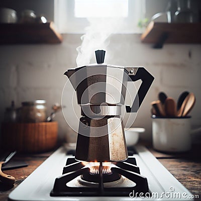 italian mocha coffee maker over stove smoking steam and aroma as coffee is ready in the morning Stock Photo