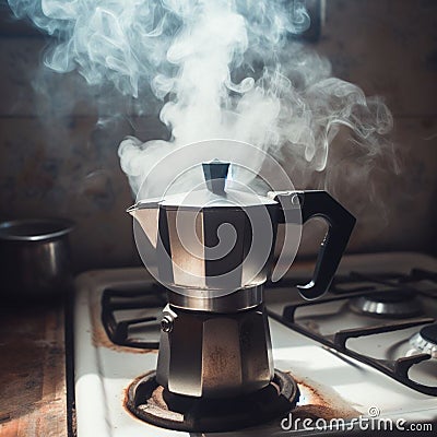 italian mocha coffee maker over stove smoking steam and aroma as coffee is ready in the morning Stock Photo