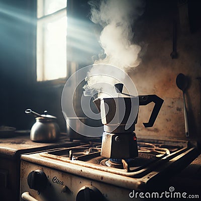 italian mocha coffee maker over stove smoking steam and aroma as coffee is ready in the morning Stock Photo