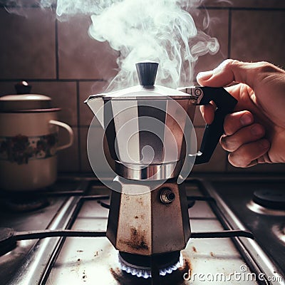 italian mocha coffee maker over stove smoking steam and aroma as coffee is ready in the morning Stock Photo