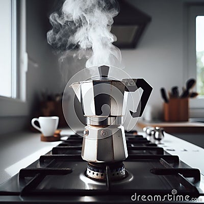 italian mocha coffee maker over stove smoking steam and aroma as coffee is ready in the morning Stock Photo