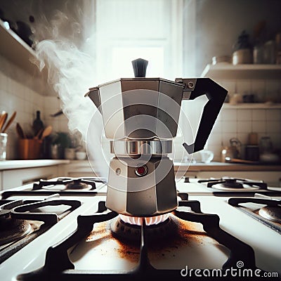 italian mocha coffee maker over stove smoking steam and aroma as coffee is ready in the morning Stock Photo