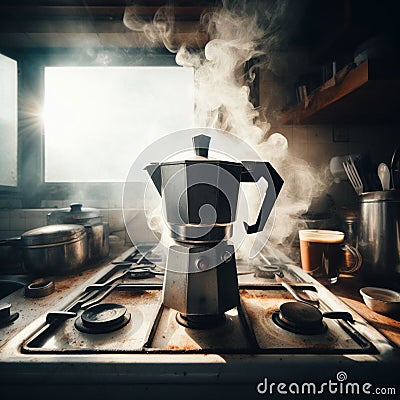 italian mocha coffee maker over stove smoking steam and aroma as coffee is ready in the morning Stock Photo