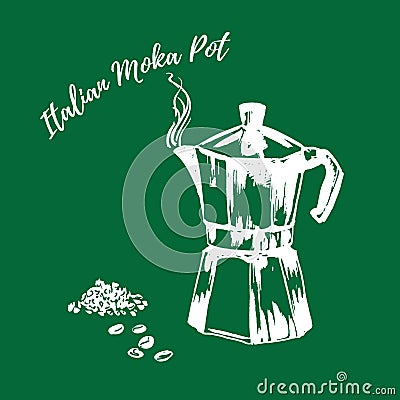 Italian moka coffee gazer pot white chalk on green chalkboard vector illustration. Hand drawn. Coffee-maker ground Vector Illustration