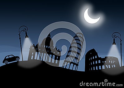 Italian monuments, italy. Night. Moon and lamps illuminated. Old car Stock Photo