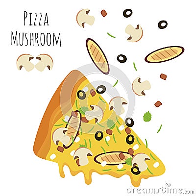 Italian mushroom pizza slice with falling ingredients Vector Illustration