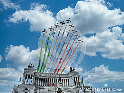 Italian National Republic day Air show aerobatic team frecce tricolore flying over altare della patria in Rome, Italy Editorial Stock Photo