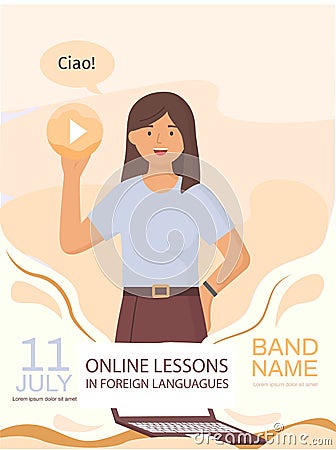 Italian with native speaker showing greeting. Online lesson in foreign languages concept poster Vector Illustration