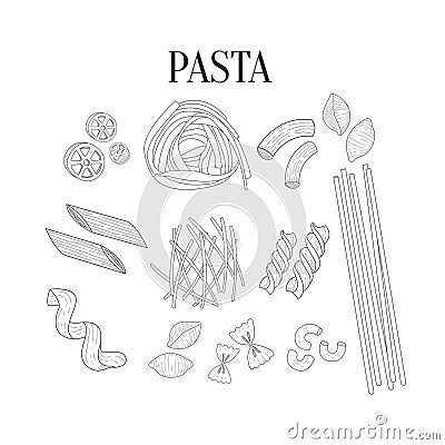 Italian Pasta Assortment Hand Drawn Realistic Sketches Vector Illustration