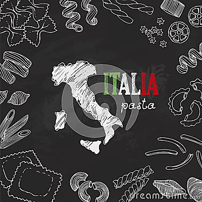 Italian pasta, background with hand drawn pasta and map of Italia, Italy Vector Illustration