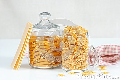 Italian pasta collection on white table. Raw pasta composition Stock Photo