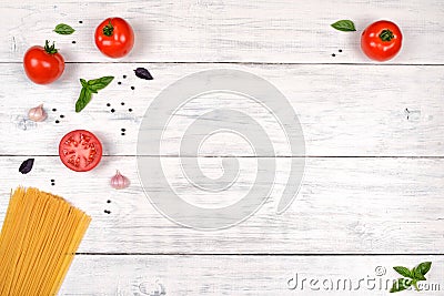 Italian pasta ingredients on white wooden table, top view Stock Photo