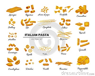 Italian pasta set in flat cartoon style. Vector Illustration