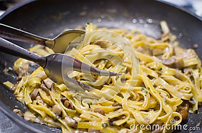 Italian pasta Tagliatelle with Mushrooms Stock Photo