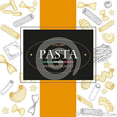 Italian pasta template with sketch style drawings. Hand drawn banner. Great for menu, banner, flyer, card, business promote. Vector Illustration