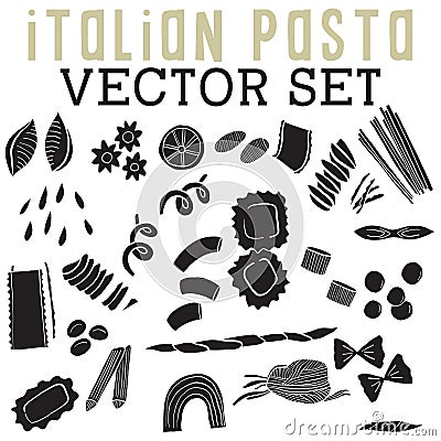 Italian Pasta Vector Set with pasta shells, rigatoni, ravioli, spaghetti, bows, orzo, and cavatappi. Stock Photo