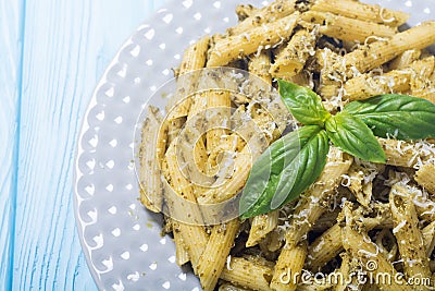 Italian penne pasta with sauce pesto Stock Photo