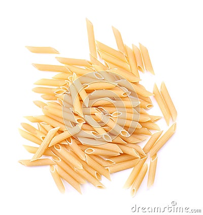 Italian penne rigate macaroni pasta, isolated on a white background. Macaroni, noodle, and spaghetti. Raw and fresh flour products Stock Photo