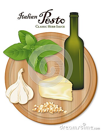 Italian Pesto with Sweet Basil, Wood Cutting Board Vector Illustration