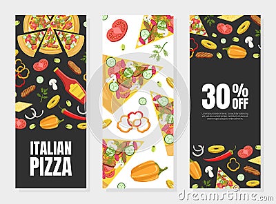 Italian Pizza Card Template Set, Element Can be Used for Restaurant or Cafe Menu, Flyer, Certificate, Delivery Service Vector Illustration