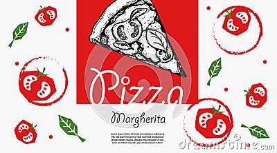 Italian pizza design template. Pizza Margherita slice in hand drawn sketch style and pizza ingredients in flat modern style. Best Vector Illustration