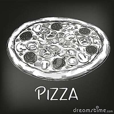 Italian pizza , drawn in white chalk on a black background, Pizza design template, logo, hand drawn vector illustration Vector Illustration