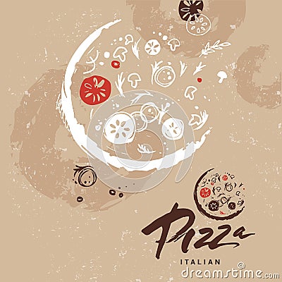Italian pizza made with passion, love. Cooking template with national Italian symbols, food. Logotype of pizza. Ha Stock Photo