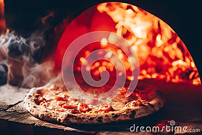 Pizza Margherita coming out of the wood fire oven Stock Photo