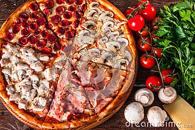 Italian pizza with meat and sausage on wood table Stock Photo