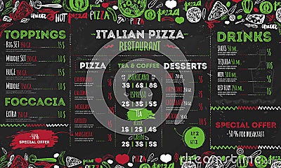 Italian pizza menu, template design for restaurants, cafe. Food flyer with hand drawn elements and lettering on Vector Illustration