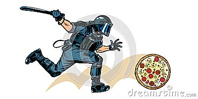 Italian pizza. riot police with a baton Vector Illustration