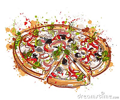 Italian pizza with splashes in watercolor style. Vector Illustration