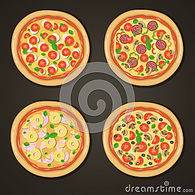Italian pizzas set on black Vector Illustration