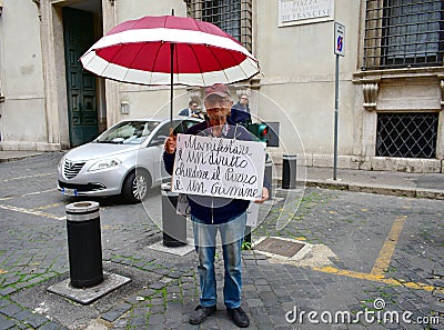 Italian protester asking for freedom of speech close to Italian Senate. Rome, Italy. Editorial Stock Photo